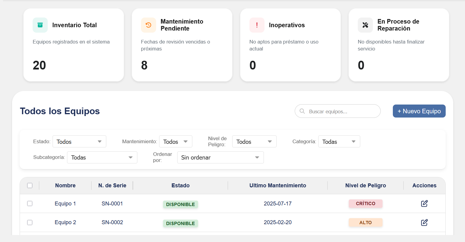 Equipment inventory list with serial numbers and maintenance alerts