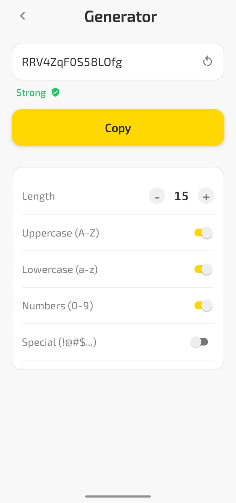 Password generator screen with length slider and toggles