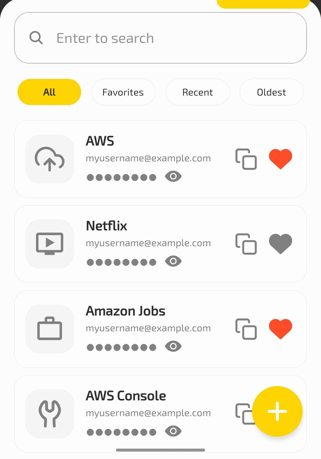 Nuvault home screen showing the vault list with password entries and category filters