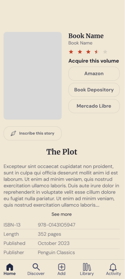 Book detail screen with synopsis, ratings, and purchase links