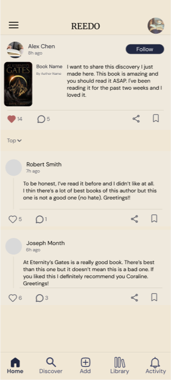 Social feed showing posts from other readers with likes and comments