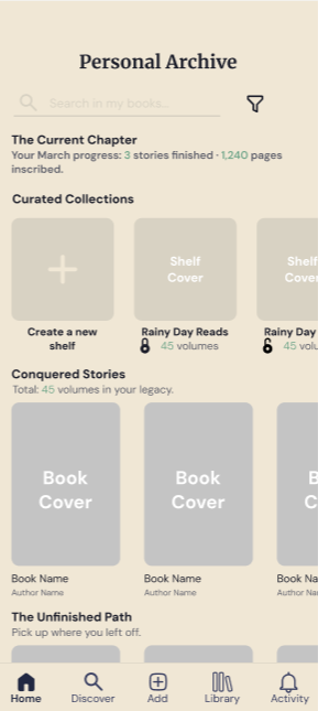 Library screen showing saved books organized by shelves